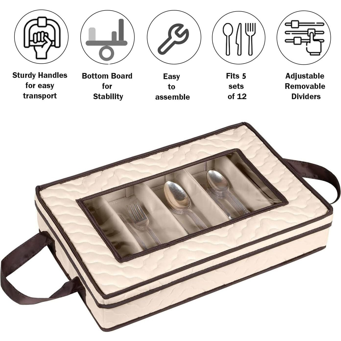 Flatware Storage Case - Tableware Utensil Chest - Durable 5 Compartment Silverware Container with Removable Lid and Easy to Carry Handles - Large Capacity Keeps Your Cutlery Organized and Protected