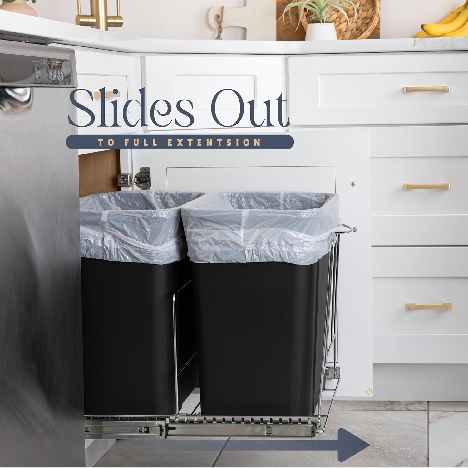 Pull Out Double Trash Can Under Cabinet - Heavy Duty Metal Sliding System with Lifetime Limited Warranty, Adjustable - Requires a 17¾” Wide Cabinet Opening