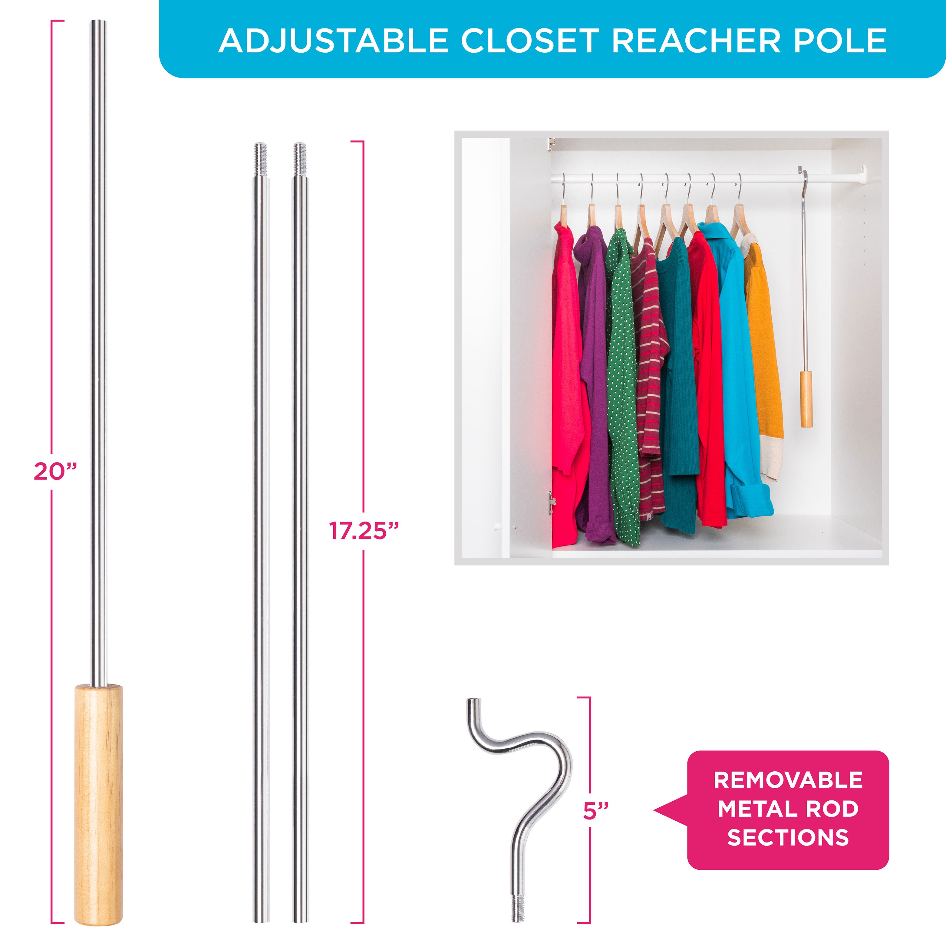Closet Reacher Pole with Hook and Wooden Handle, Heavy Duty - Adjustable 2.75 – 5 Feet, Chrome Plated Steel Clothing Hanger Shepherds Hook to Easily Reach Clothes etc. - Perfect for College Dorm