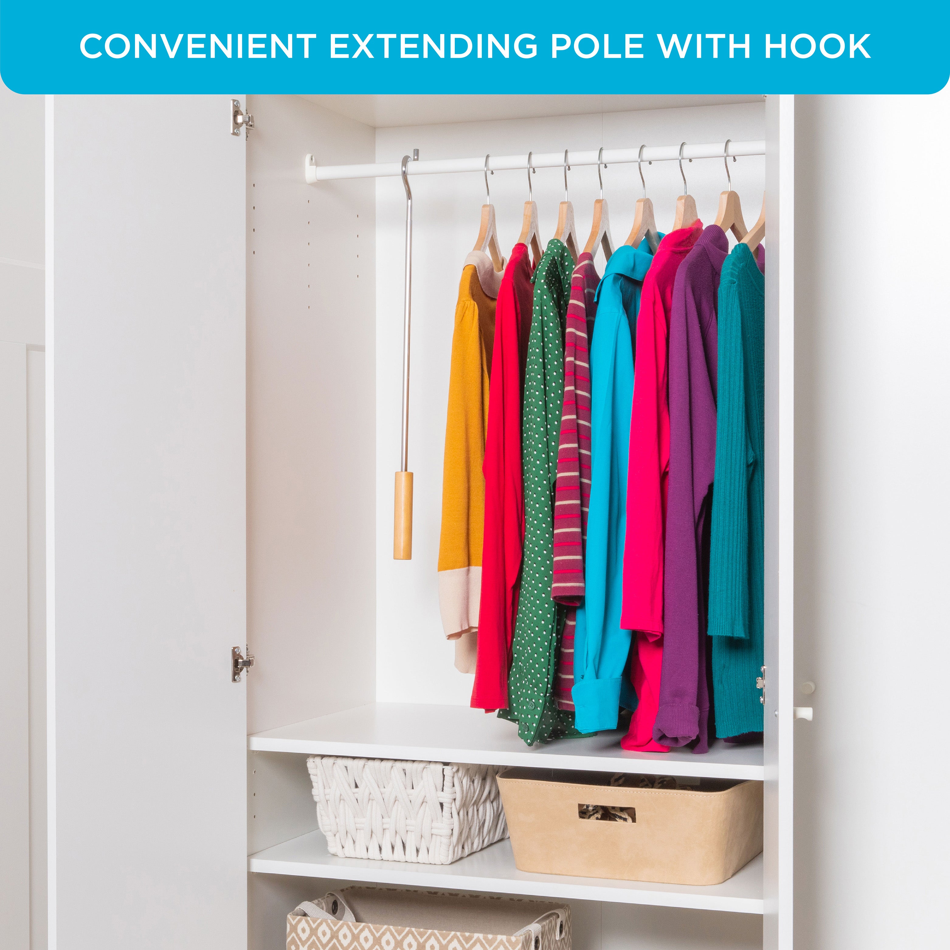 Closet Reacher Pole with Hook and Wooden Handle, Heavy Duty - Adjustable 2.75 – 5 Feet, Chrome Plated Steel Clothing Hanger Shepherds Hook to Easily Reach Clothes etc. - Perfect for College Dorm