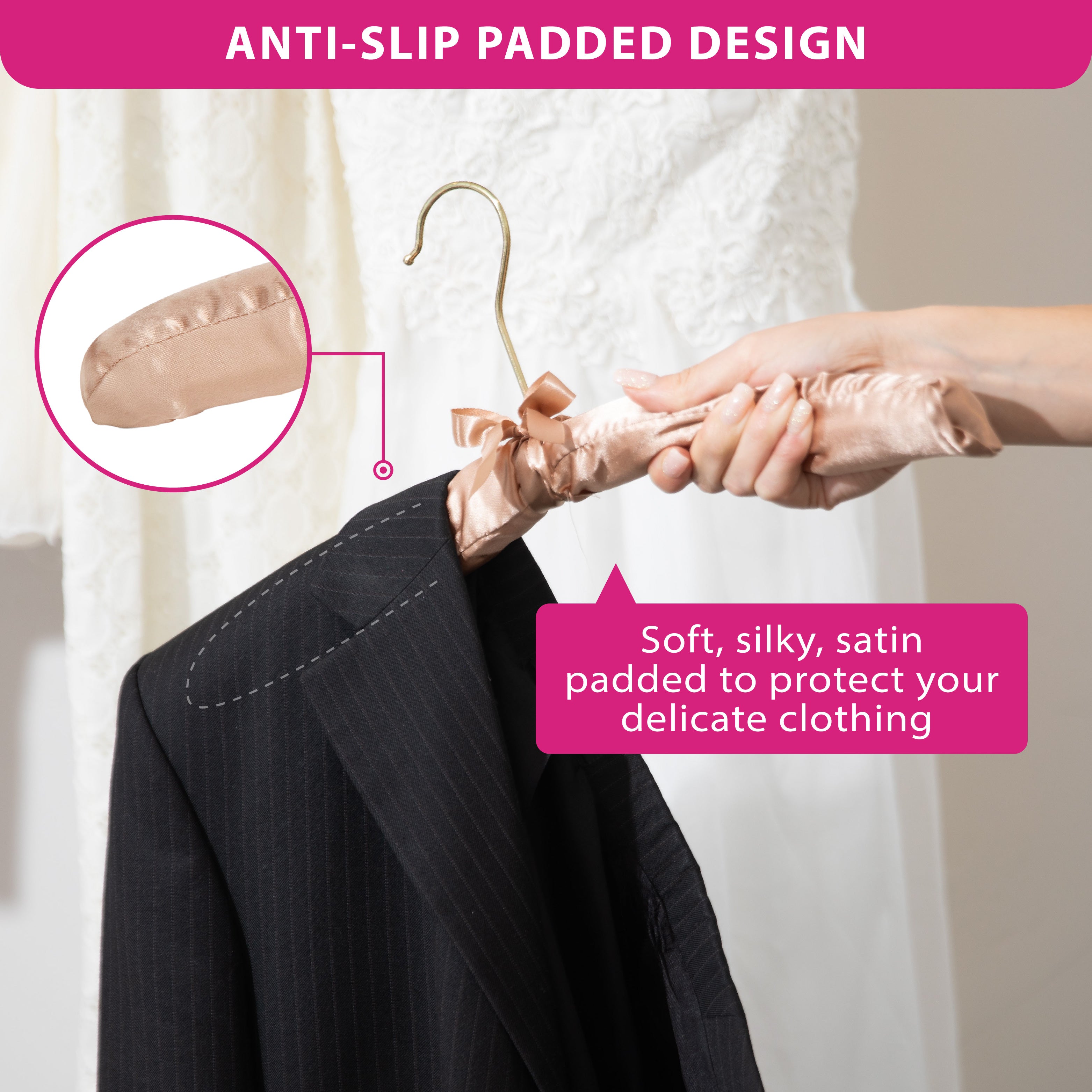 Padded Hangers -Set of 12 Premium Heavy Duty Thick Satin Soft Fabric No Shoulder Bump Hangers with Gold Hooks for Women's Clothes, Sweaters, Dresses, Clothing, Coats, Weddings, Lingerie